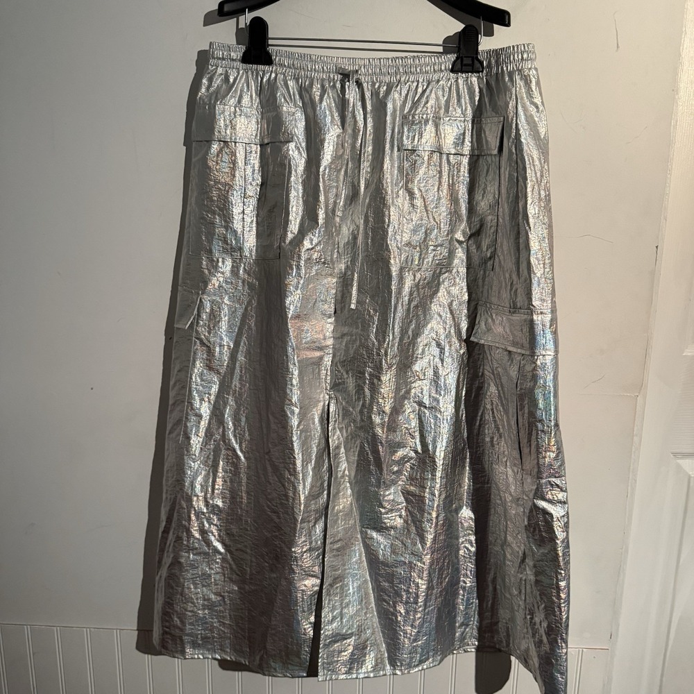Anthropologie Metallic Shine Silver Cargoâ Midi Skirt Large Pull On Elevated